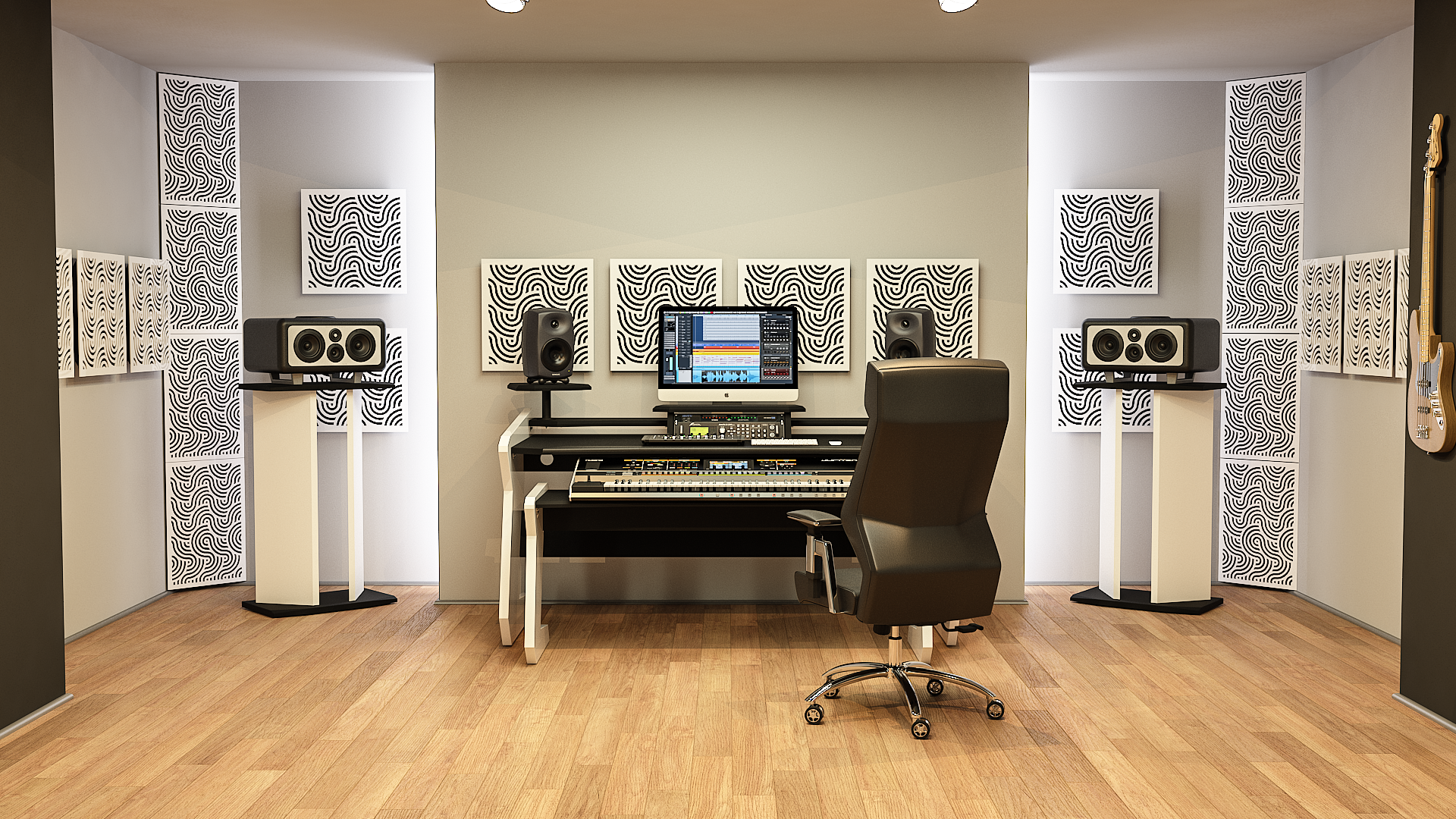 StudioDesk Sonic Acustic panels in studio far view
