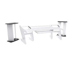 PRO LINE S Desk All white & V Tower speaker stands and Pull Out option Bundle